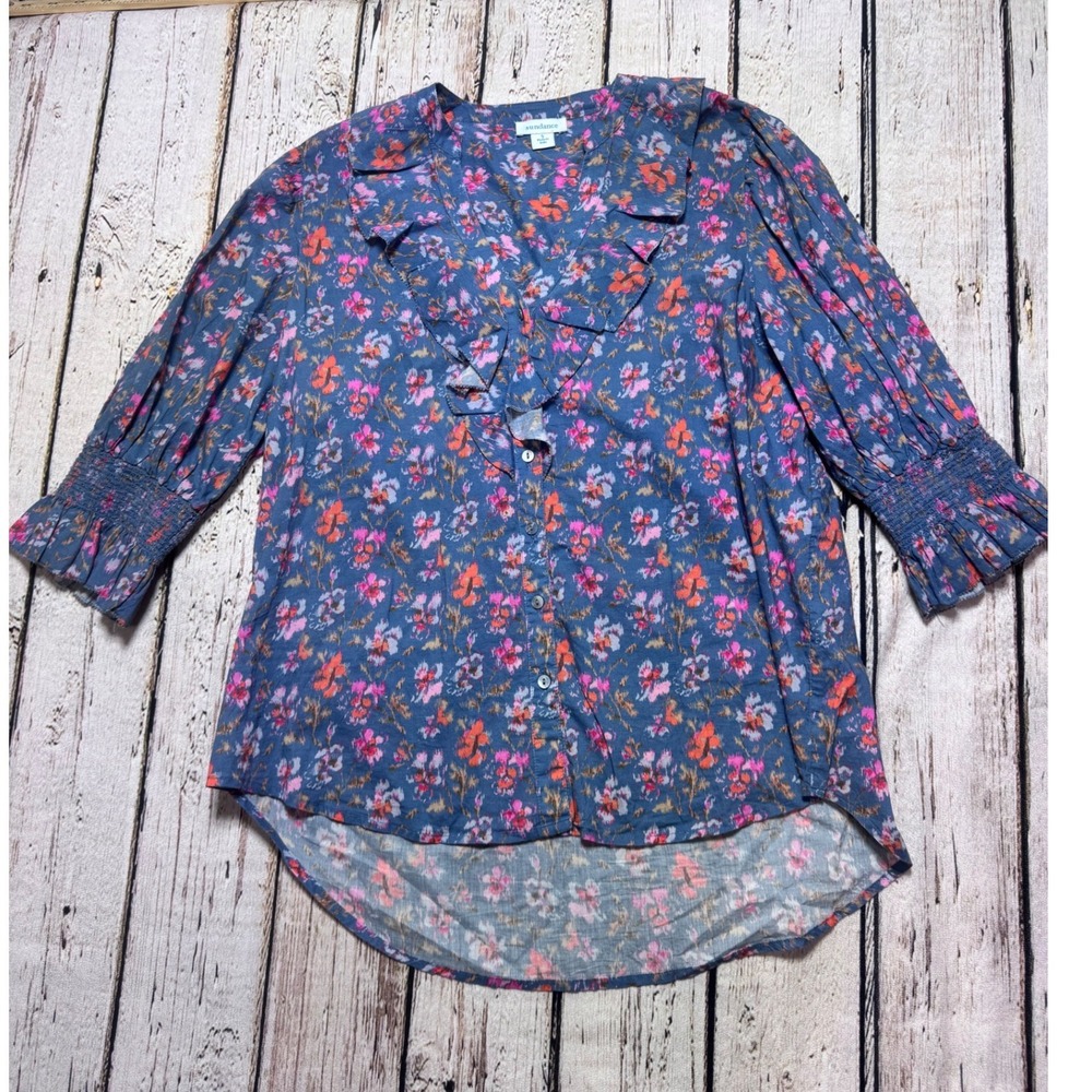 Sundance Blue Floral Ruffle V-Neck Button Front Blouse Cotton Top Small